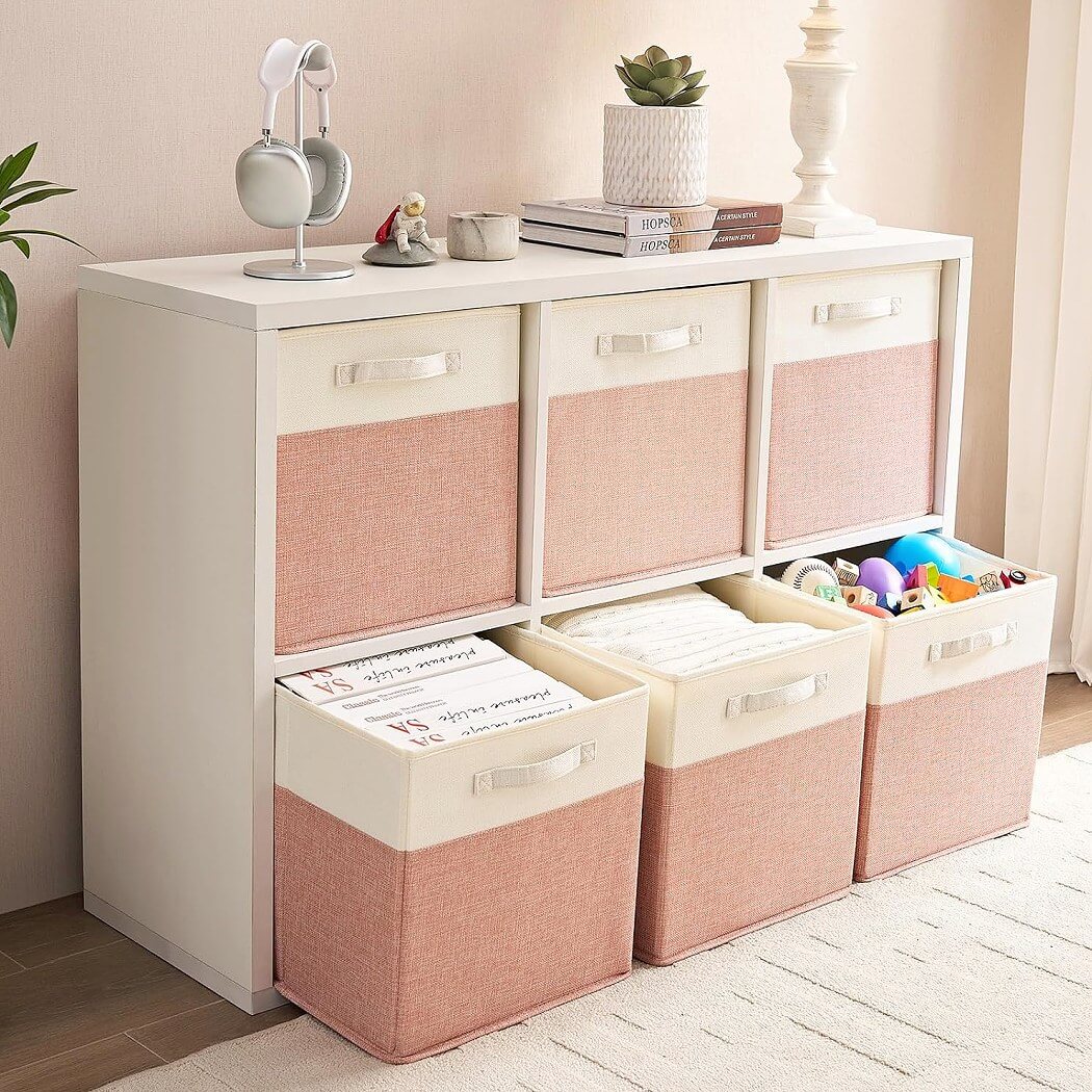 Fabric Cube Storage Boxes – Pink/Cream White, Foldable Storage Box - Image 21