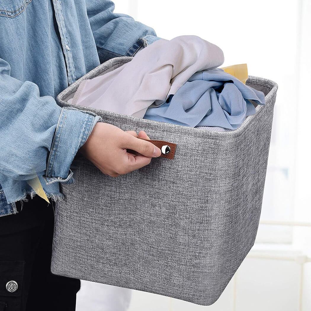 30cm Grey Fabric Storage Cube Boxes with Leather Handle For Cupboards - Image 5