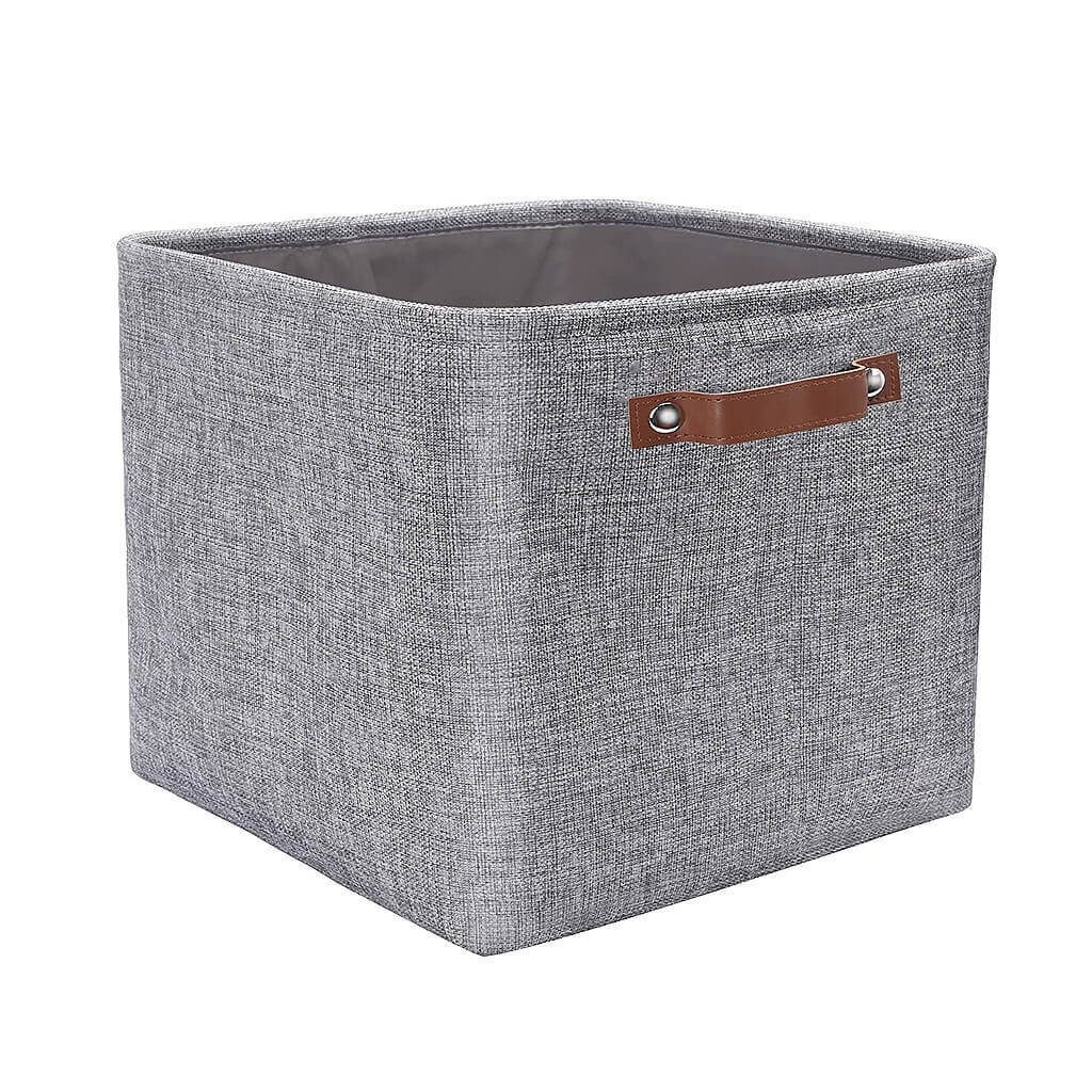 30cm Grey Fabric Storage Cube Boxes with Leather Handle For Cupboards - Image 8