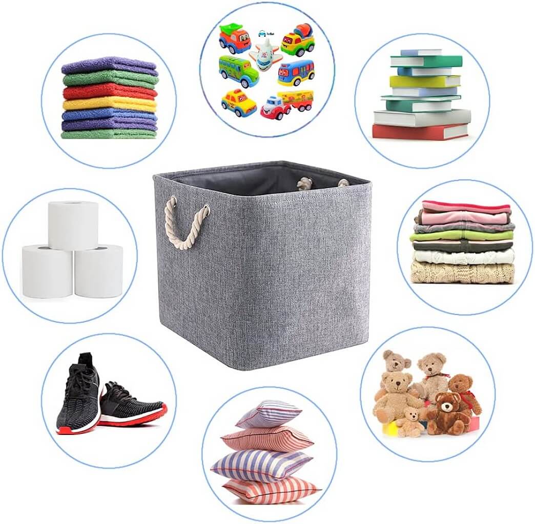 33cm Fabric Cube Box Storage Basket Grey with Soft Rope Handle - Image 6