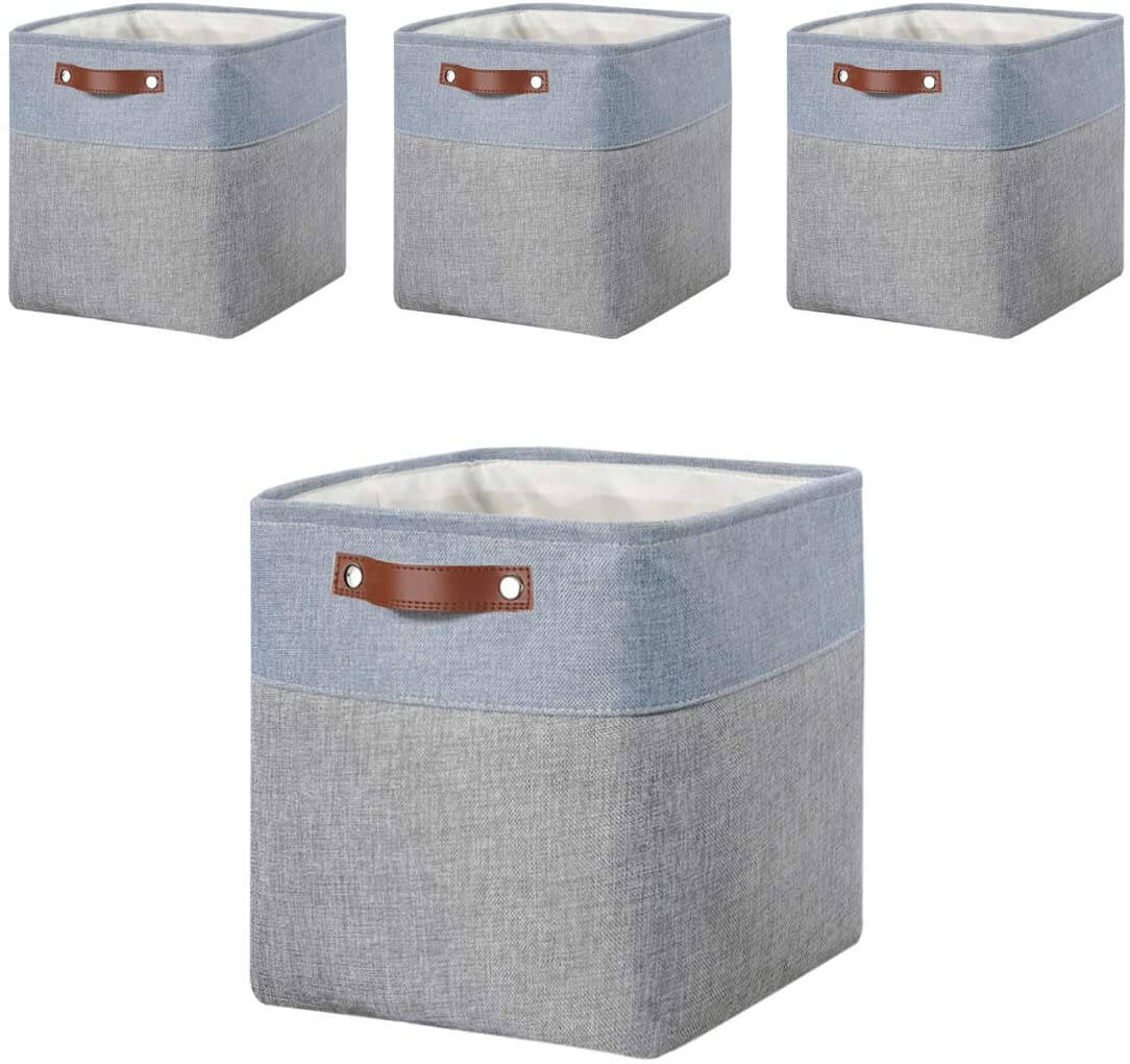 33CM Storage Cube Boxes with Leather Handle for Cupboards Grey & Blue - Image 7
