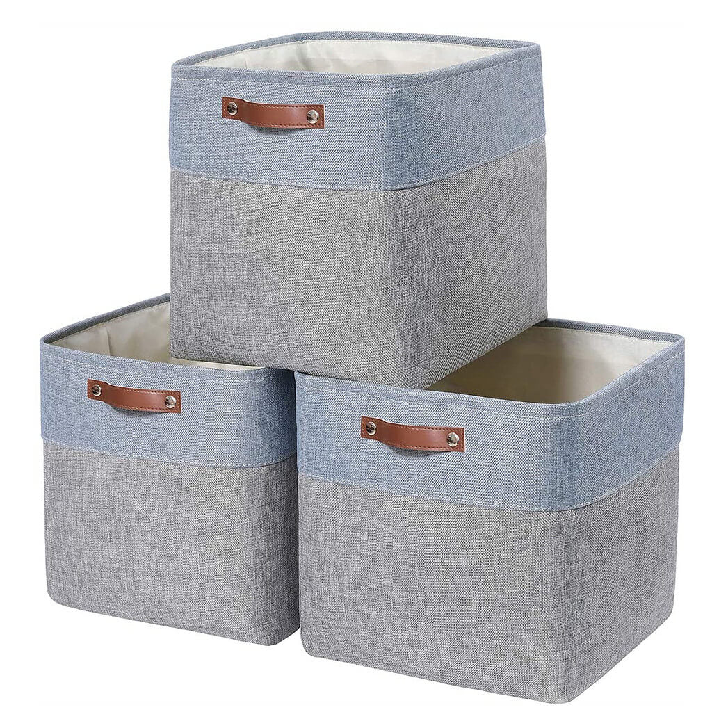 33CM Storage Cube Boxes with Leather Handle for Cupboards Grey & Blue - Image 9