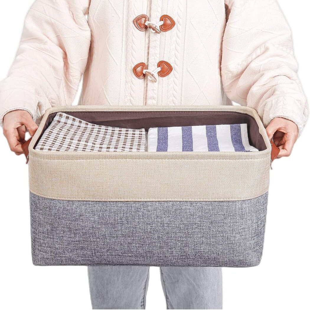 Canvas Fabric Storage Baskets Grey Beige - Image 37
