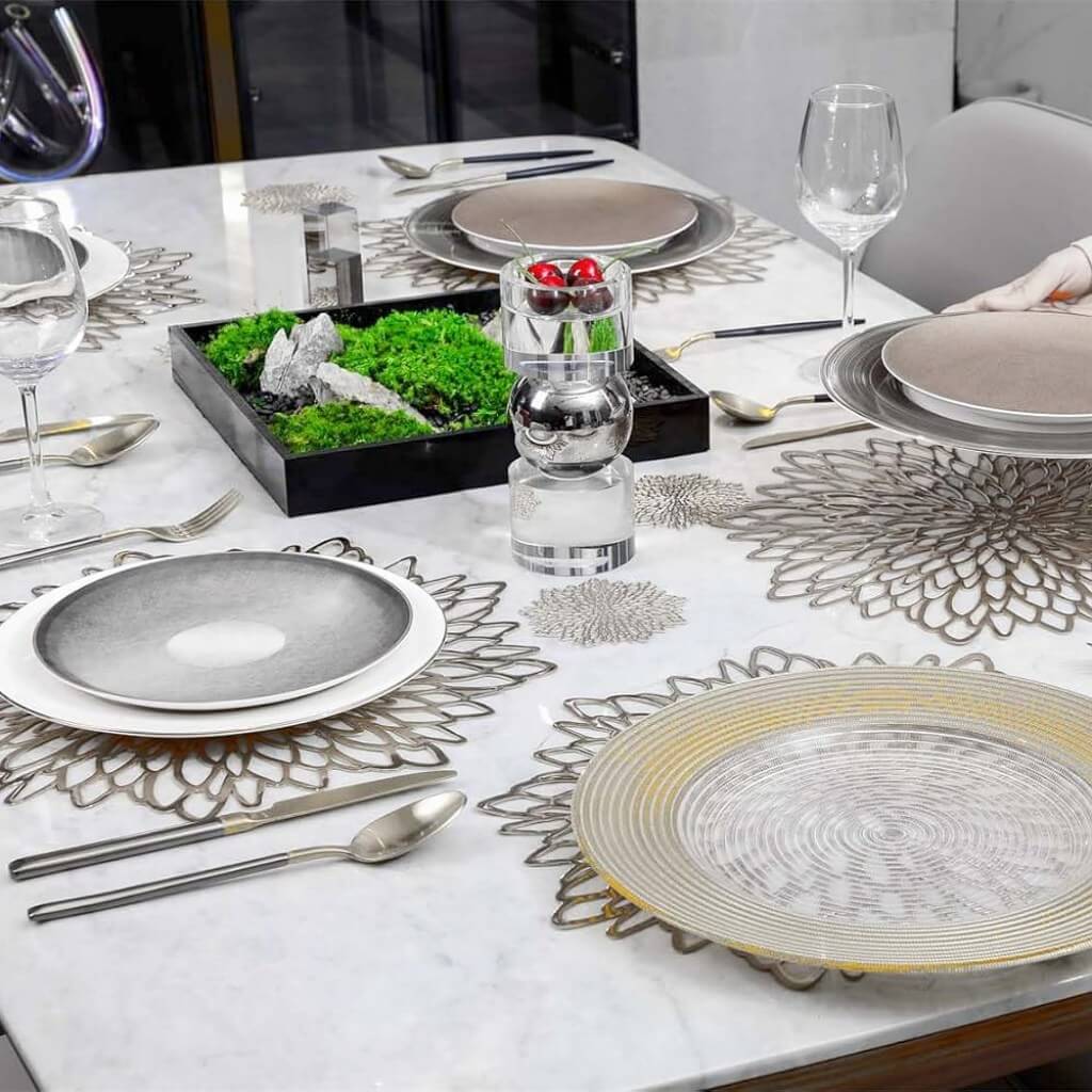 Round Dahlia Placemats and Coaster Sets, Pressed Vinyl Table Mats Christmas, Wedding, Dinner Parties, Restaurant, Hotel, 15.5" - Image 47