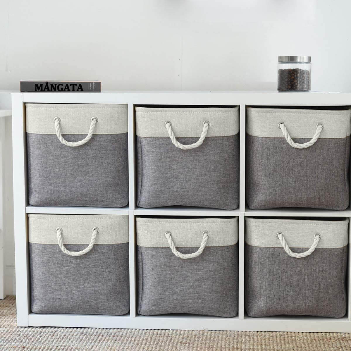 Fabric Storage Basket, Canvas Cube Storage Boxes 13 x 13 inch for Cupboards, Shelves, Closet, Grey White（33x33x33cm, 3 Pack） - Image 7