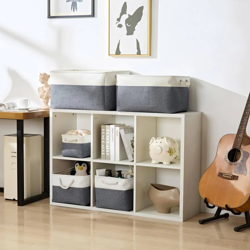 Foldable Canvas Storage Baskets with Handles | Fabric Organizers for Home, Wardrobe, Nursery, Cold Grey and White - Image 16