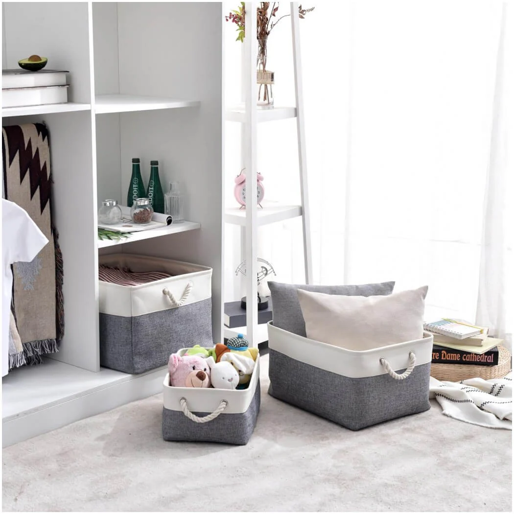 Foldable Canvas Storage Baskets with Handles | Fabric Organizers for Home, Wardrobe, Nursery, Cold Grey and White - Image 23