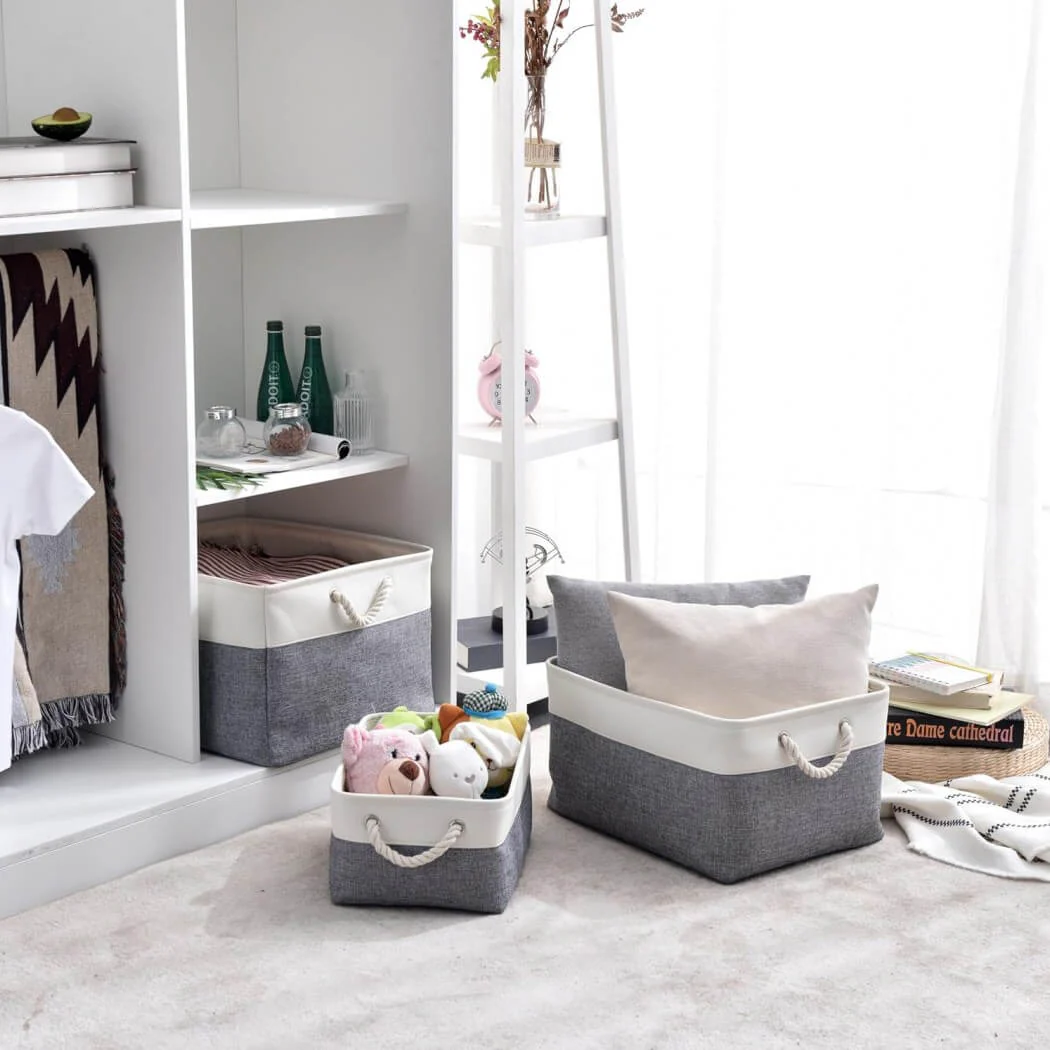 Foldable Canvas Storage Baskets with Handles | Fabric Organizers for Home, Wardrobe, Nursery, Cold Grey and White - Image 3