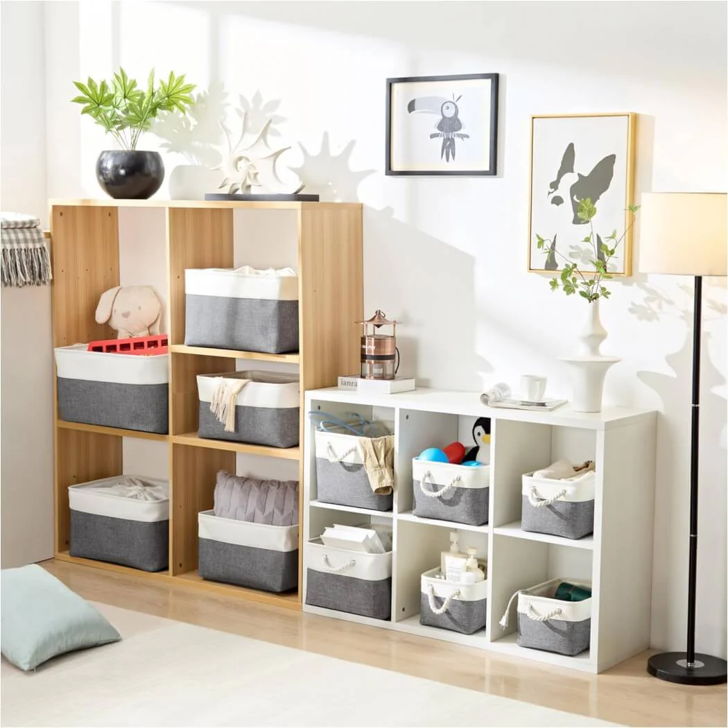 Foldable Canvas Storage Baskets with Handles | Fabric Organizers for Home, Wardrobe, Nursery, Cold Grey and White - Image 36