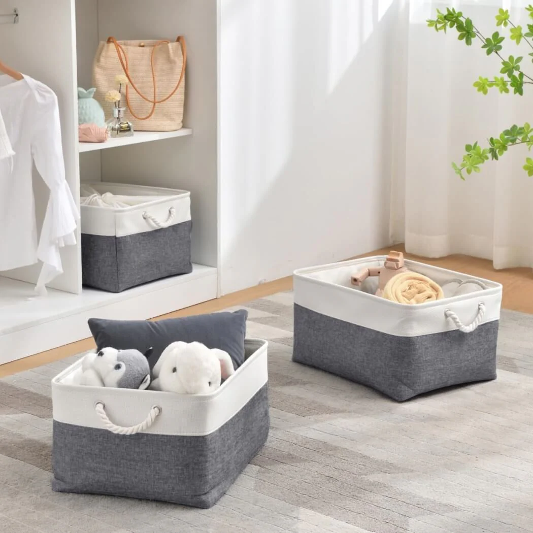 Foldable Canvas Storage Baskets with Handles | Fabric Organizers for Home, Wardrobe, Nursery, Cold Grey and White - Image 48