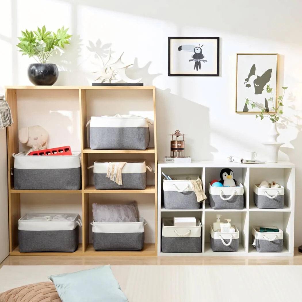 Foldable Canvas Storage Baskets with Handles | Fabric Organizers for Home, Wardrobe, Nursery, Cold Grey and White - Image 76