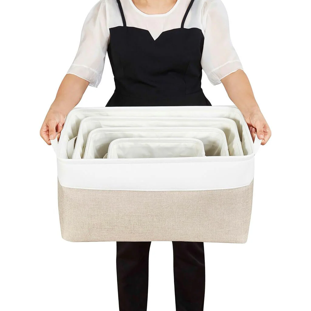 Fabric Storage Baskets – [1/3/4-Piece Set] Light Khaki & White - Image 11