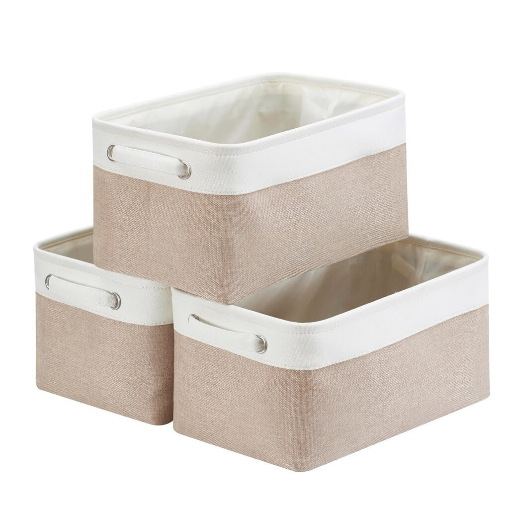 Fabric Storage Baskets – [1/3/4-Piece Set] Light Khaki & White - Image 26