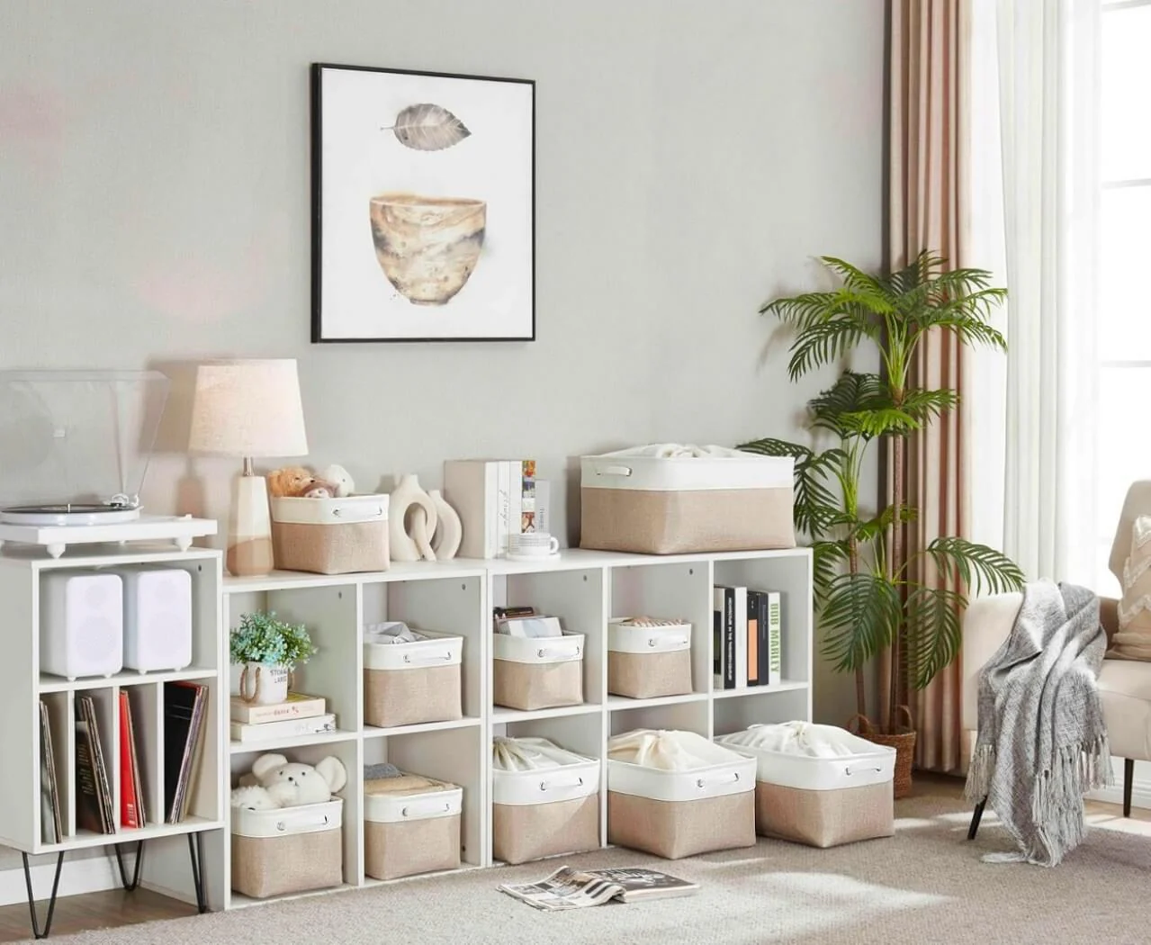 Fabric Storage Baskets – [1/3/4-Piece Set] Light Khaki & White - Image 35