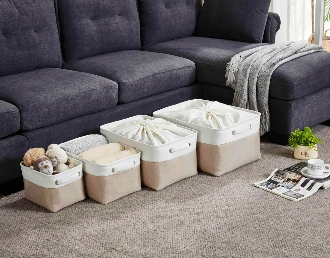 Fabric Storage Baskets – [1/3/4-Piece Set] Light Khaki & White - Image 51