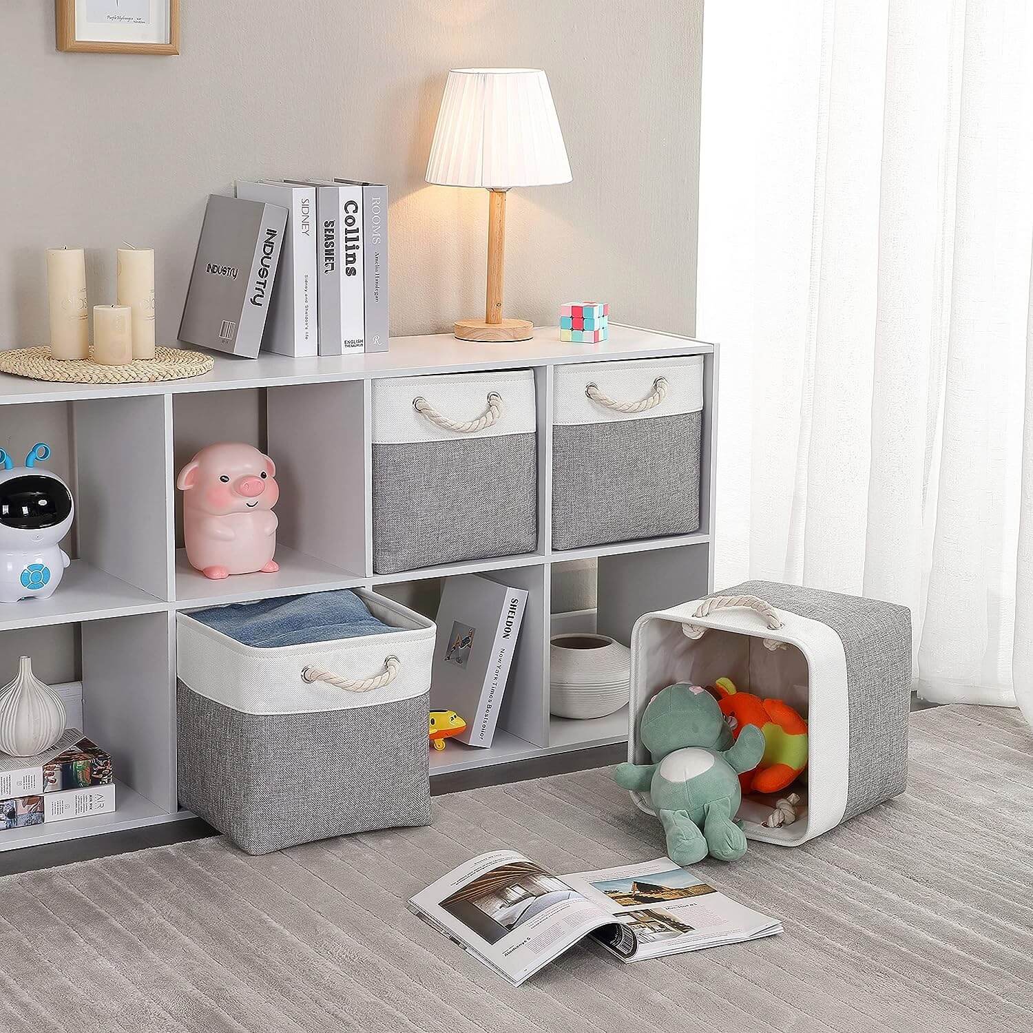 Fabric Storage Baskets Canvas Cube Box Grey White 11.8 inch (30x30x30cm) - Image 5