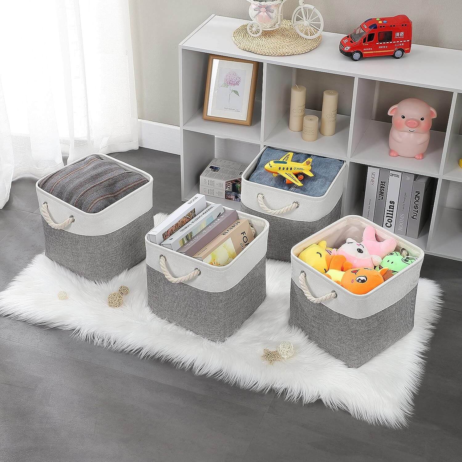 Fabric Storage Baskets Canvas Cube Box Grey White 11.8 inch (30x30x30cm) - Image 6