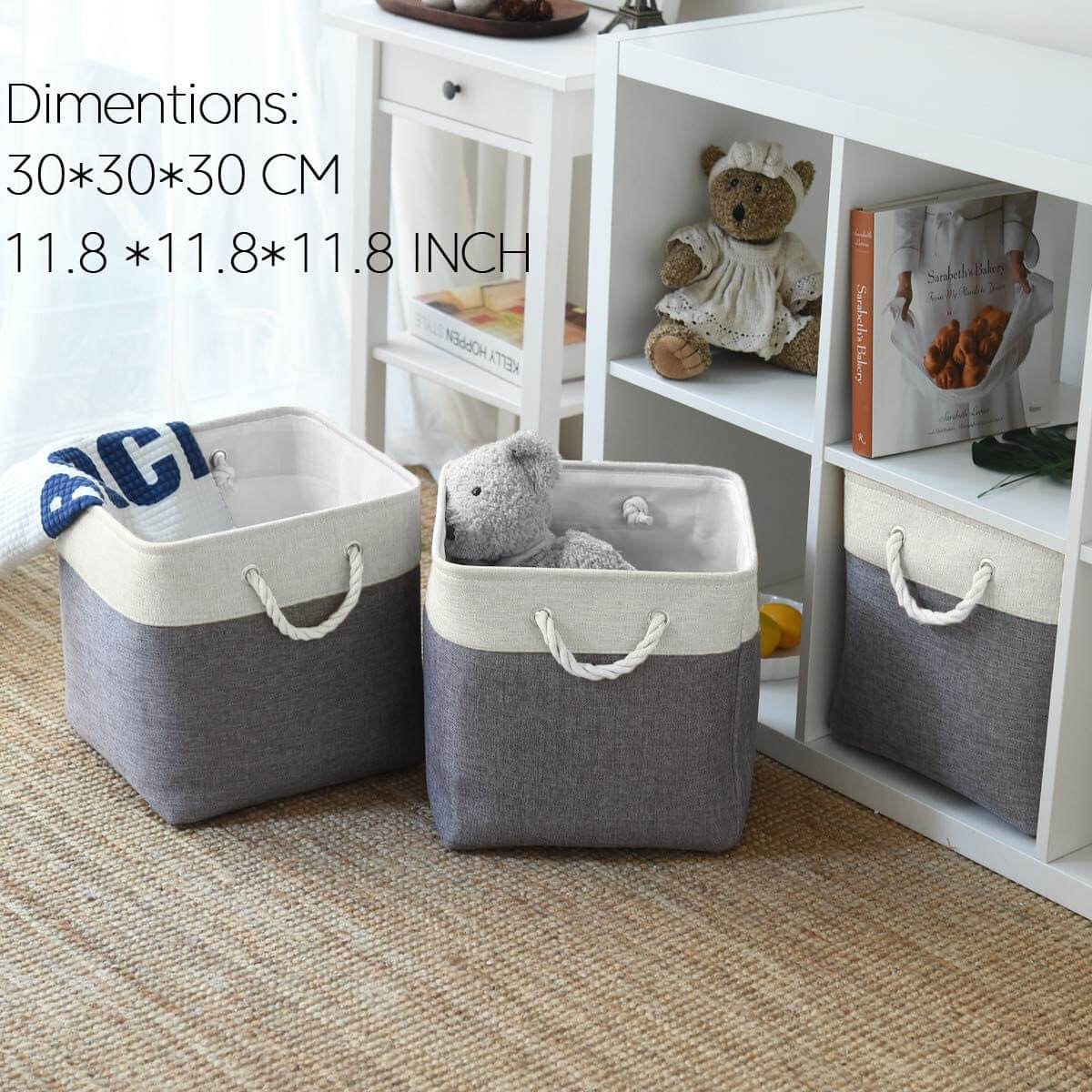 Fabric Storage Baskets Canvas Cube Box Grey White 11.8 inch (30x30x30cm) - Image 7