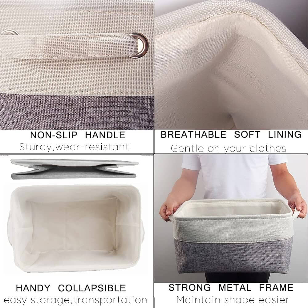 Foldable Grey White Fabric Storage Basket with Handles & drawstring for Cupboards, Shelves, Clothes, Toys - Image 24