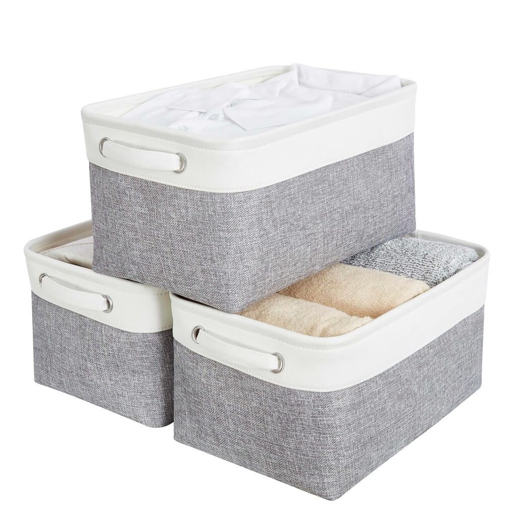 Foldable Grey White Fabric Storage Basket with Handles & drawstring for Cupboards, Shelves, Clothes, Toys - Image 3