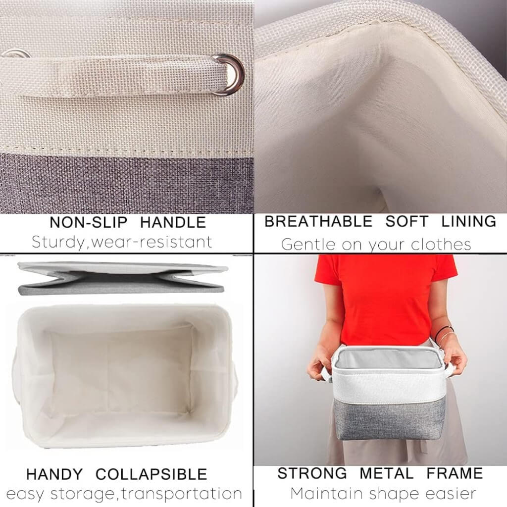 Foldable Grey White Fabric Storage Basket with Handles & drawstring for Cupboards, Shelves, Clothes, Toys - Image 35