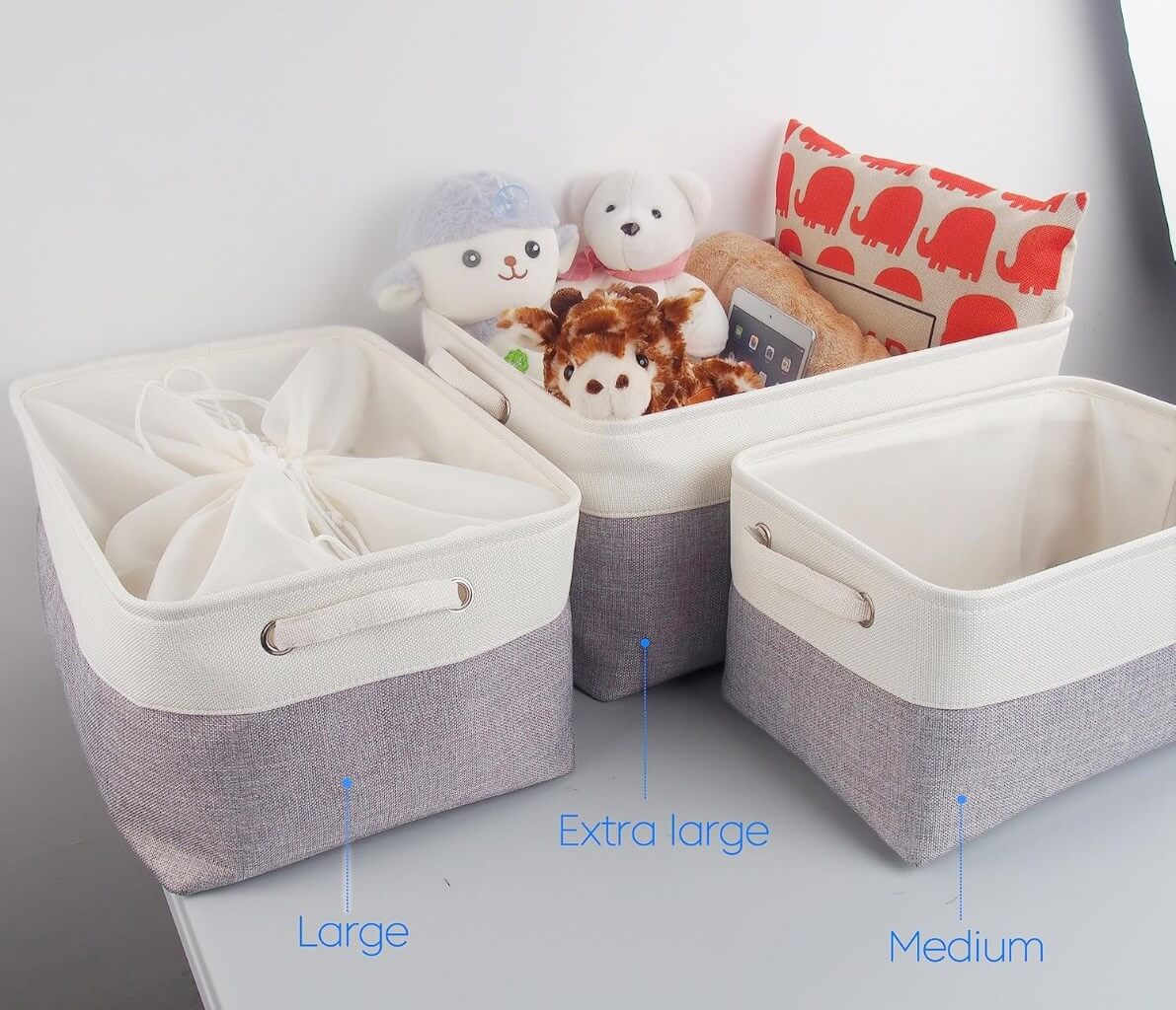Foldable Grey White Fabric Storage Basket with Handles & drawstring for Cupboards, Shelves, Clothes, Toys - Image 41