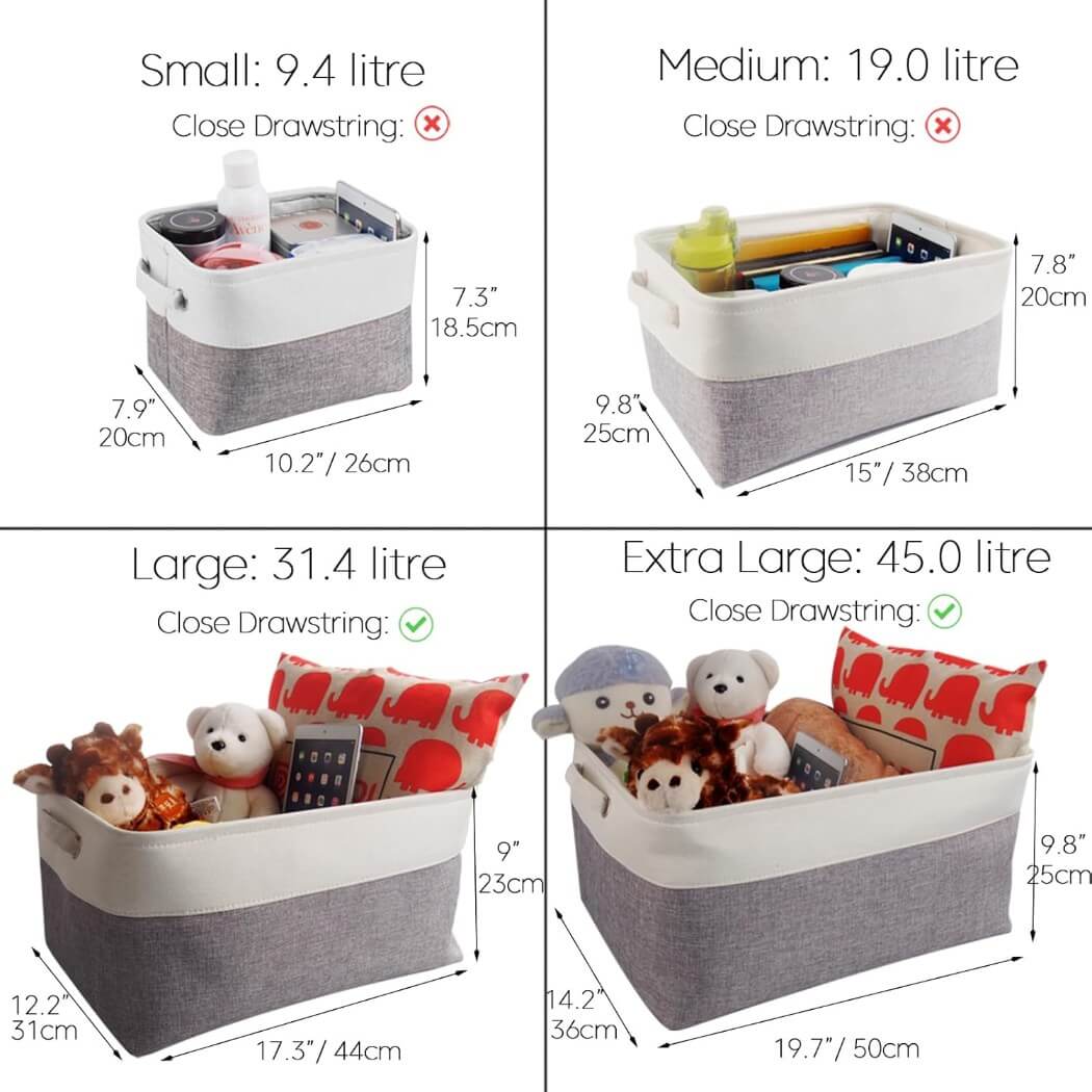 Foldable Grey White Fabric Storage Basket with Handles & drawstring for Cupboards, Shelves, Clothes, Toys - Image 48
