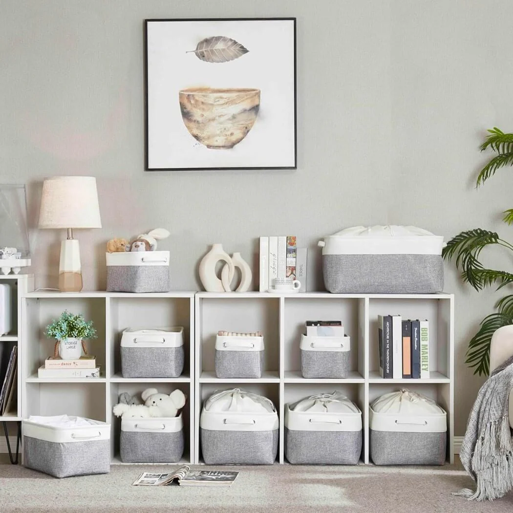 Foldable Grey White Fabric Storage Basket with Handles & drawstring for Cupboards, Shelves, Clothes, Toys - Image 56