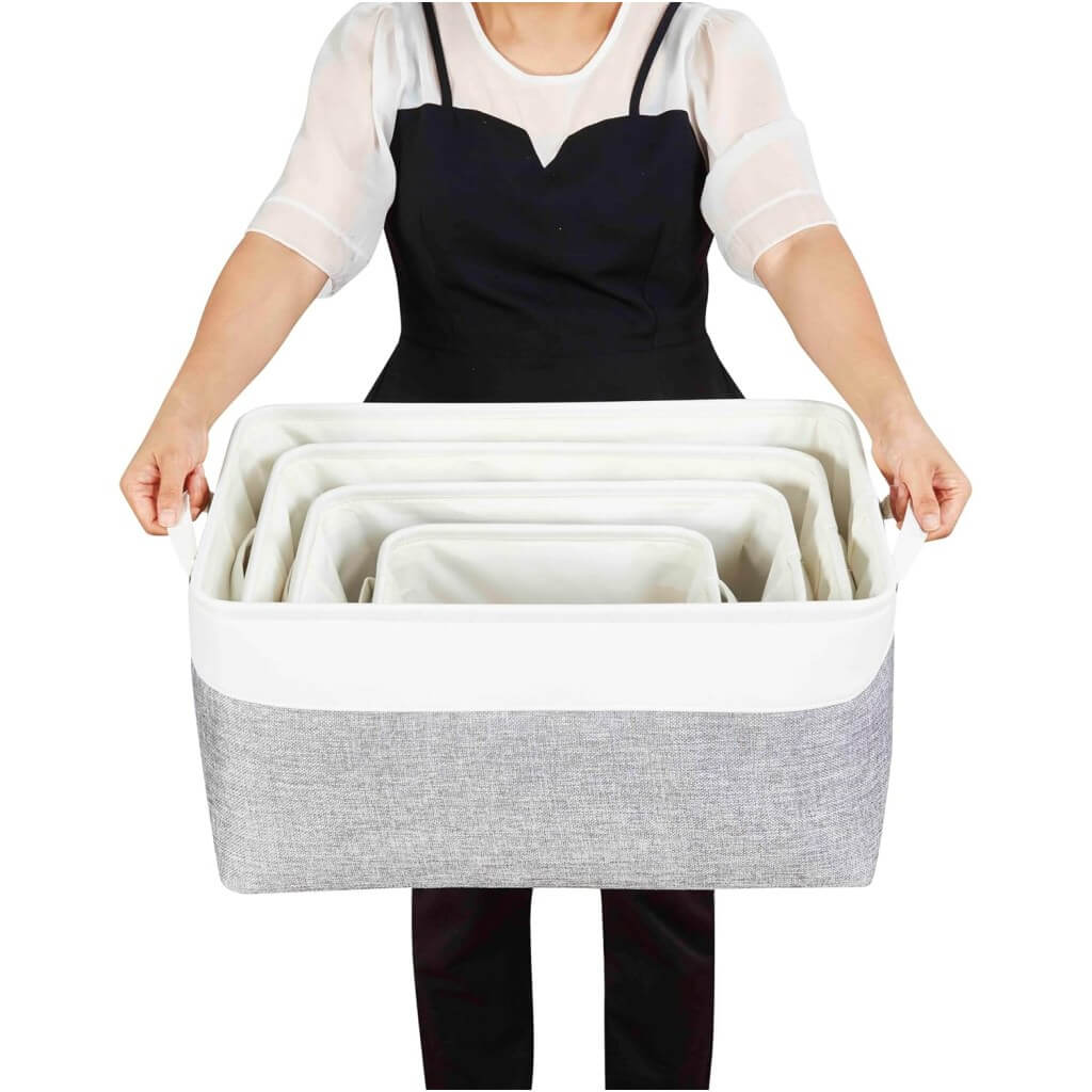 Foldable Grey White Fabric Storage Basket with Handles & drawstring for Cupboards, Shelves, Clothes, Toys - Image 6