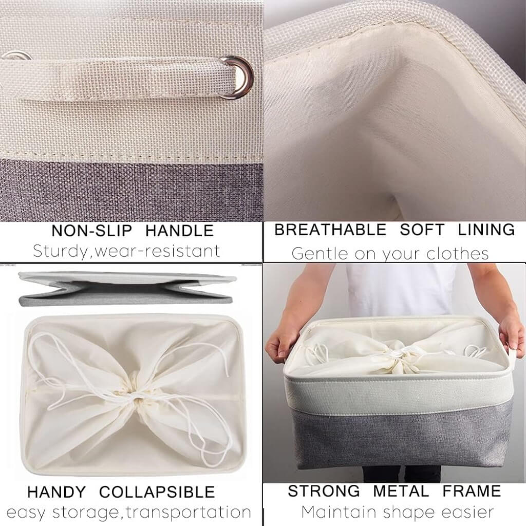 Foldable Grey White Fabric Storage Basket with Handles & drawstring for Cupboards, Shelves, Clothes, Toys - Image 60