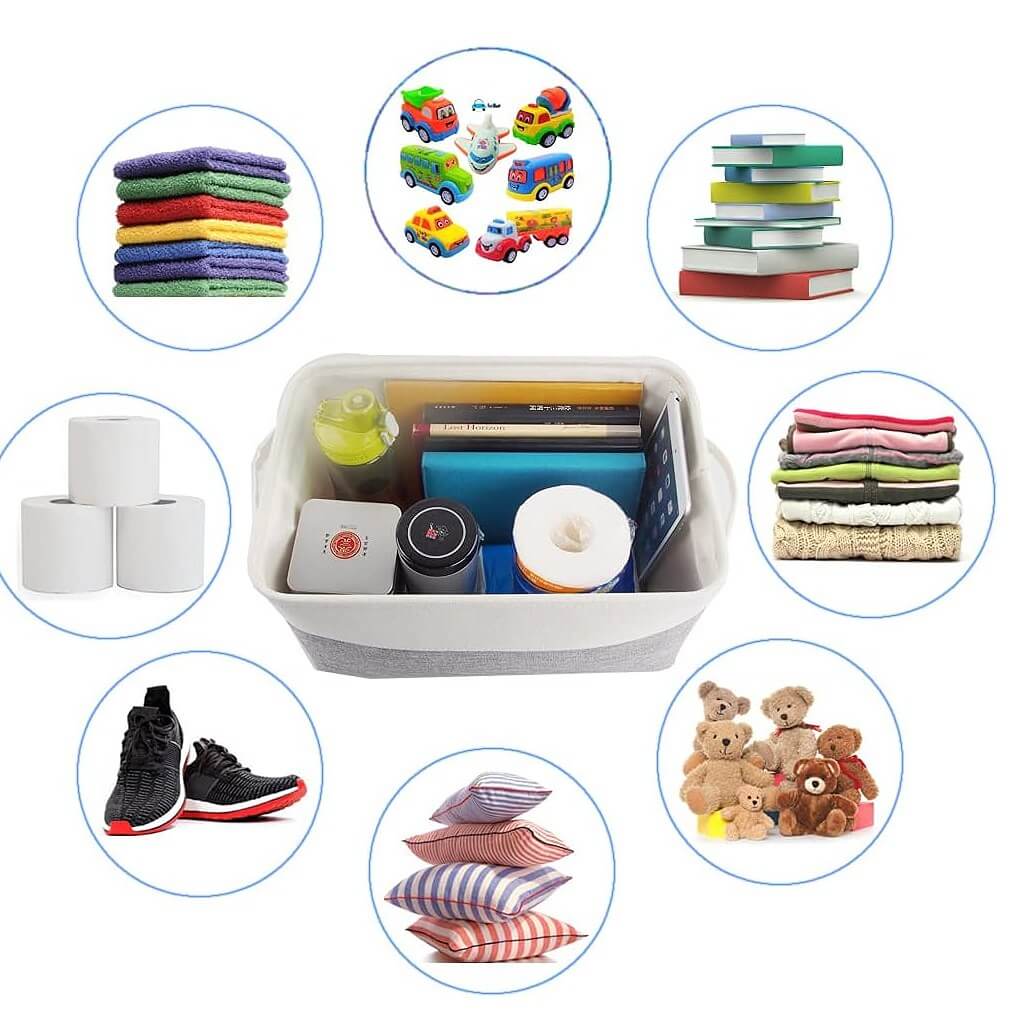 Foldable Grey White Fabric Storage Basket with Handles & drawstring for Cupboards, Shelves, Clothes, Toys - Image 9