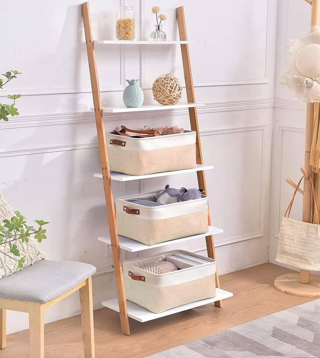 White Khaki Storage Basket with Leather Handles - Image 16