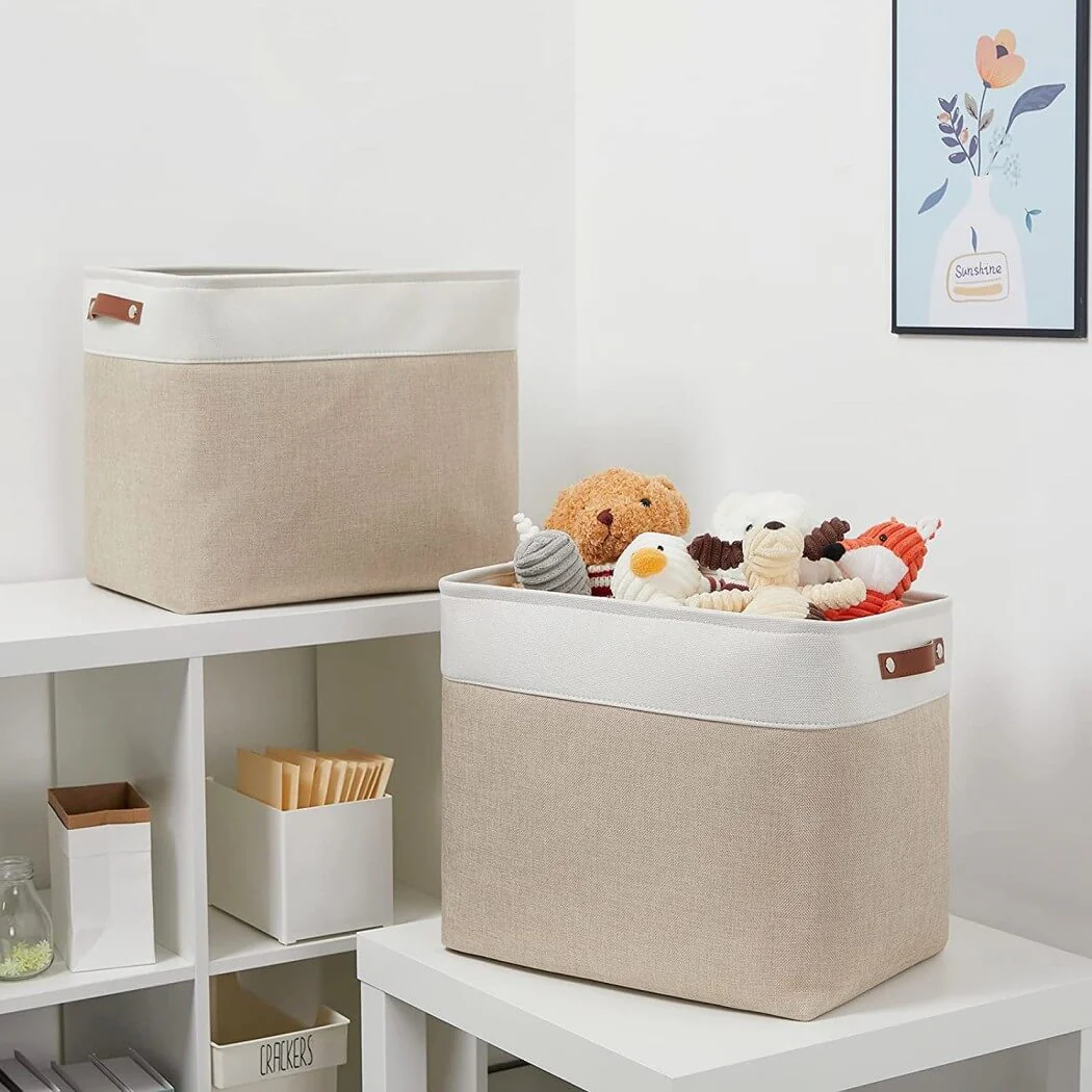 White Khaki Storage Basket with Leather Handles - Image 24