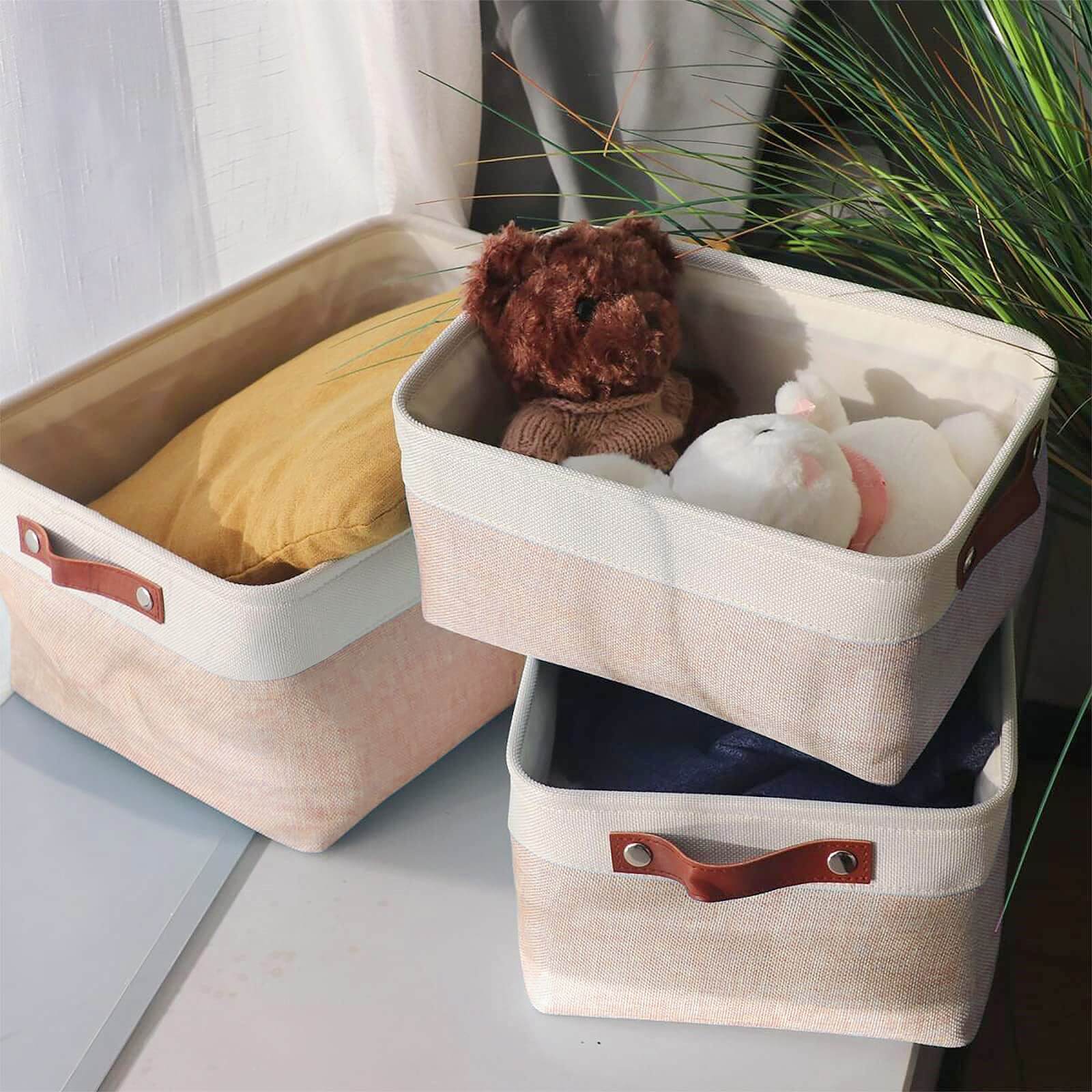 White Khaki Storage Basket with Leather Handles - Image 68
