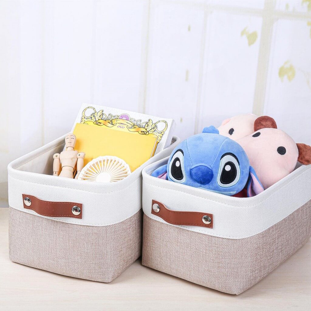 White Khaki Storage Basket with Leather Handles - Image 70