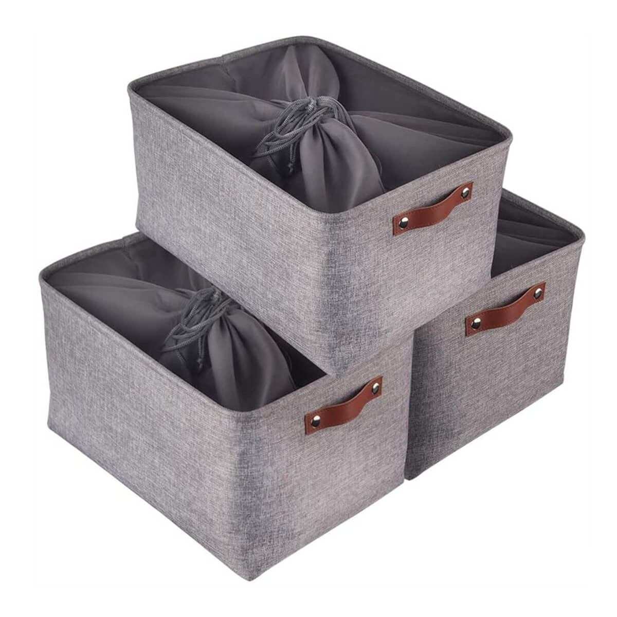Foldable Mangata Leather Handle Storage Baskets Set, Grey - Image 13