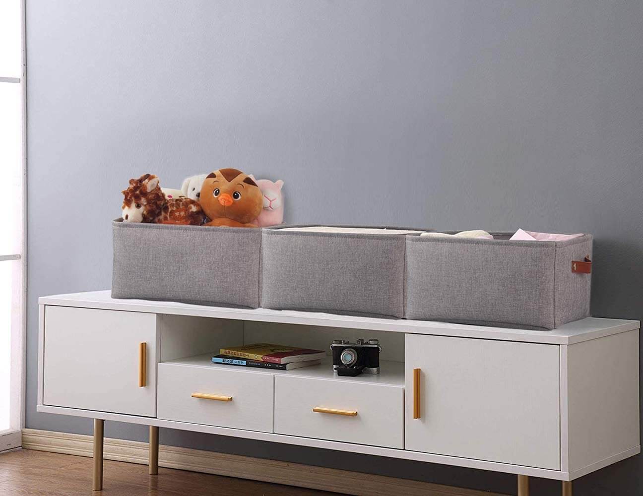 Foldable Mangata Leather Handle Storage Baskets Set, Grey - Image 16