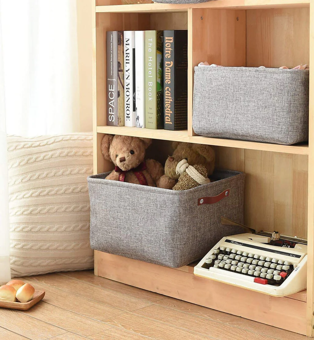 Foldable Mangata Leather Handle Storage Baskets Set, Grey - Image 3