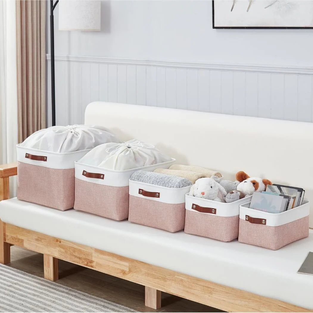 Pink White Rectangular Fabric Storage Boxes for Wardrobe, Shelves & Cupboards - Image 34