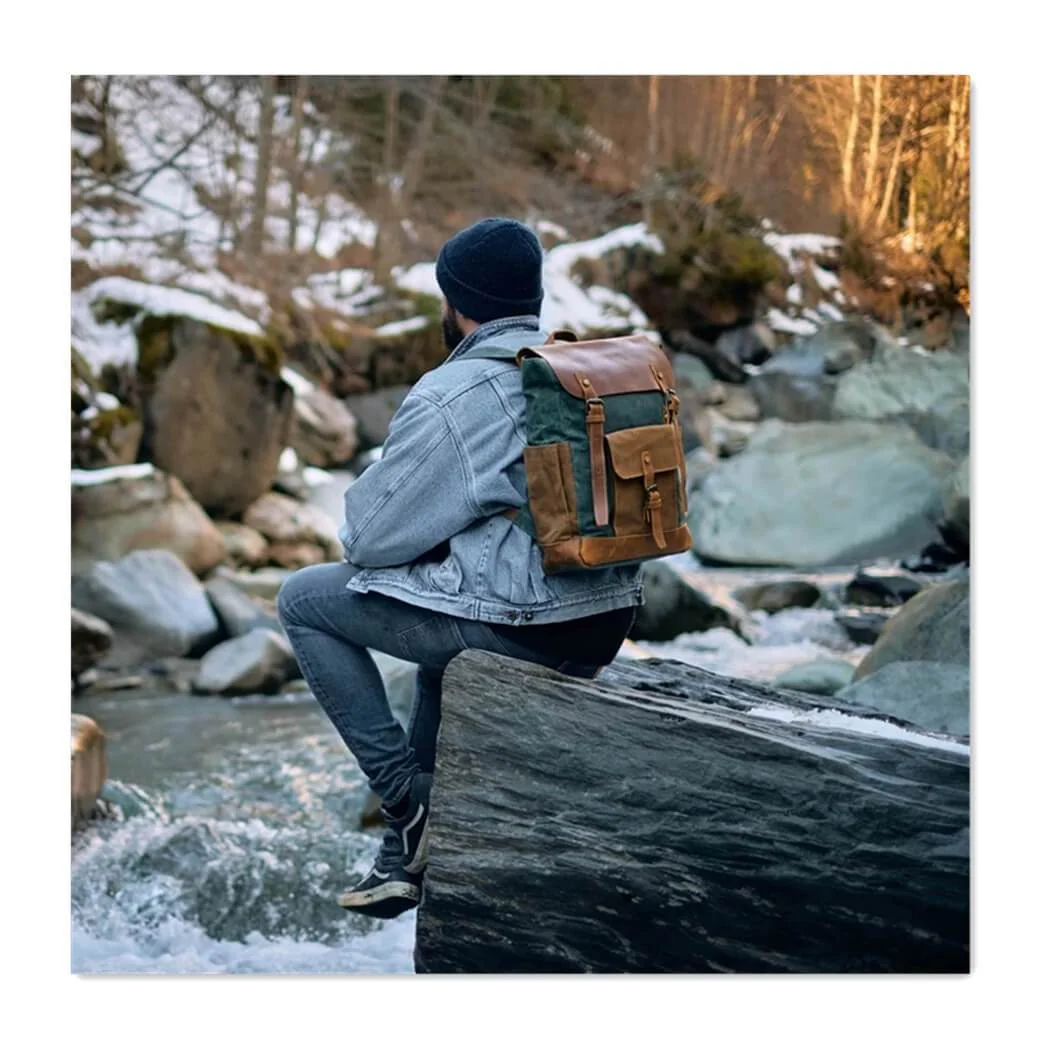 Vintage Waterproof Leather Canvas Backpack Rucksack - Image 16