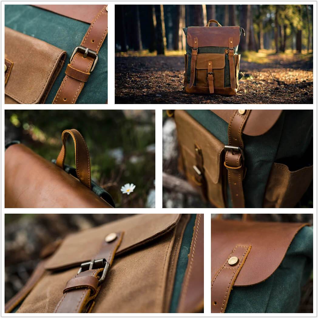 Vintage Waterproof Leather Canvas Backpack Rucksack - Image 6