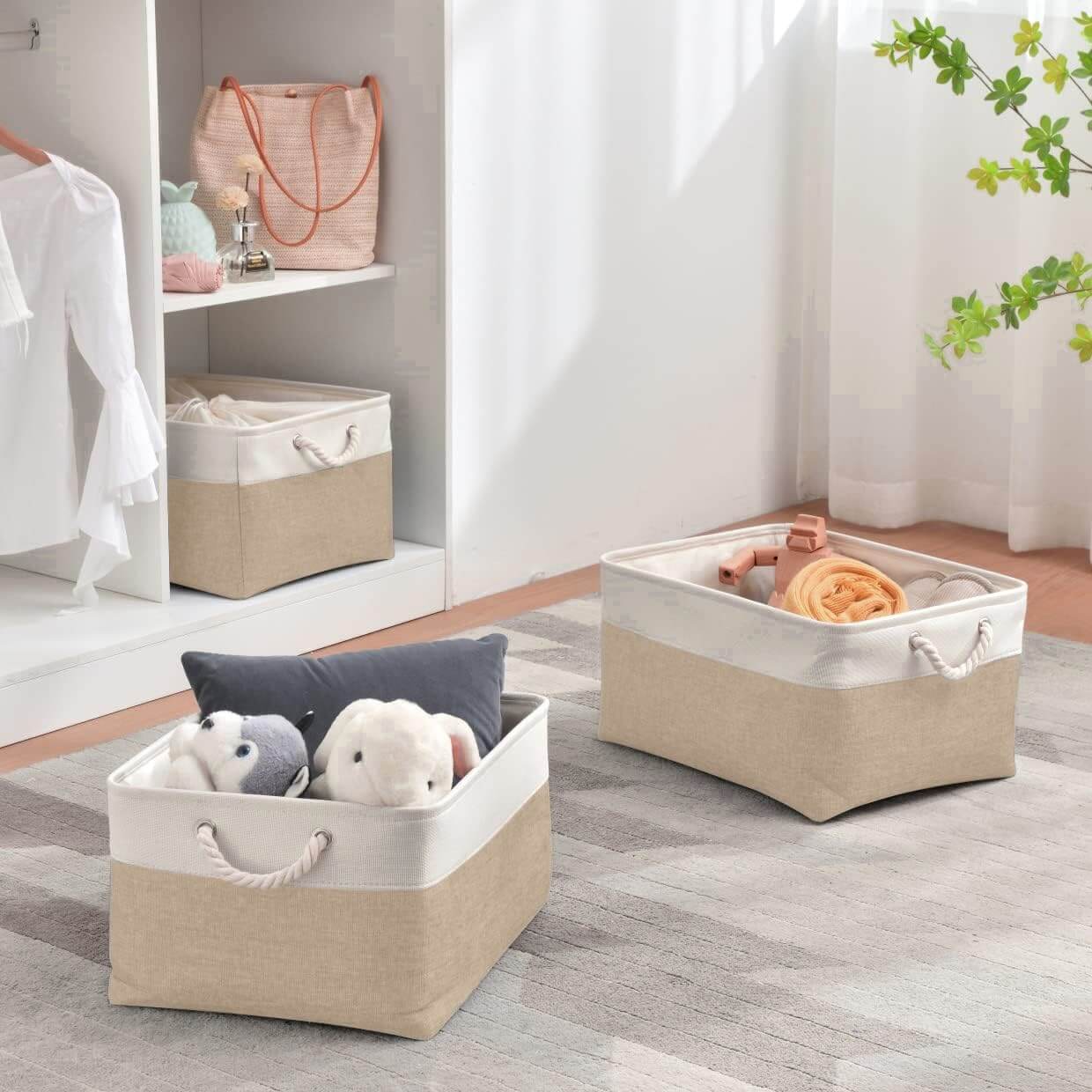 White Khaki Storage Baskets With Rope Handles For Wardrobe - Image 30